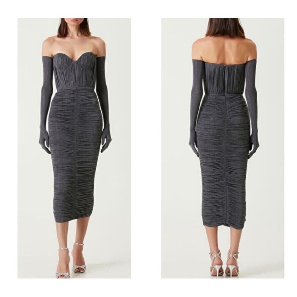 ALEX PERRY Strapless Sweetheart Ruched Crystal Jersey Iron Gray Midi Dress Sz 6